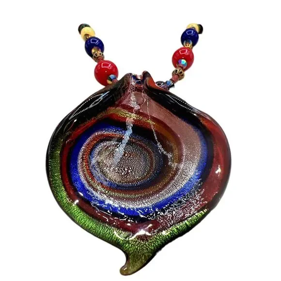 NEW Multicolor Murano Glass Beads Pendant Necklace Handcrafted Abstract Design - Picture 1 of 15